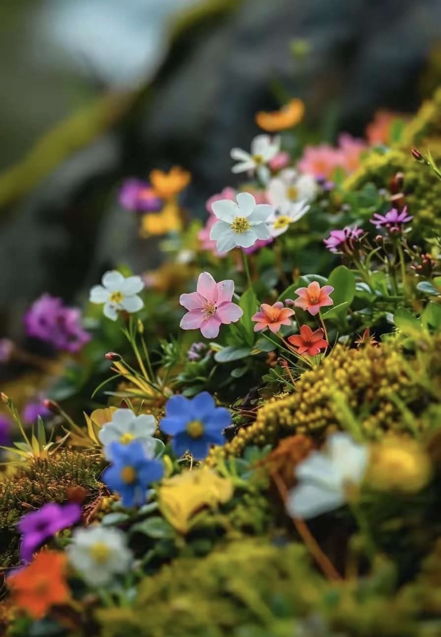 山坡上,五颜六色的小野花尽情绽放,红的似火,粉的像霞,白的如雪,它们