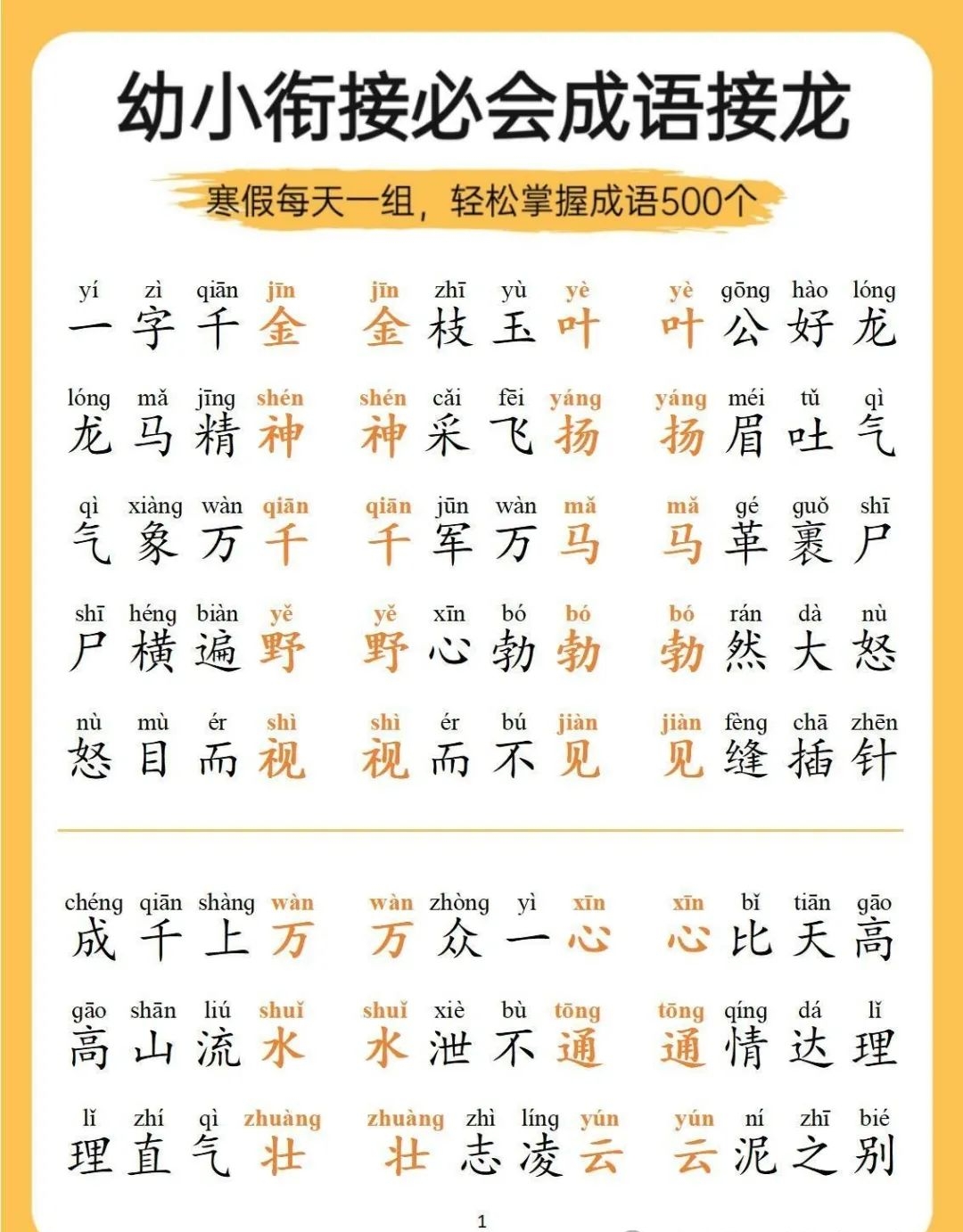 幼小衔接成语接龙500个,每天亲子活动来几组,增加感情长见识
