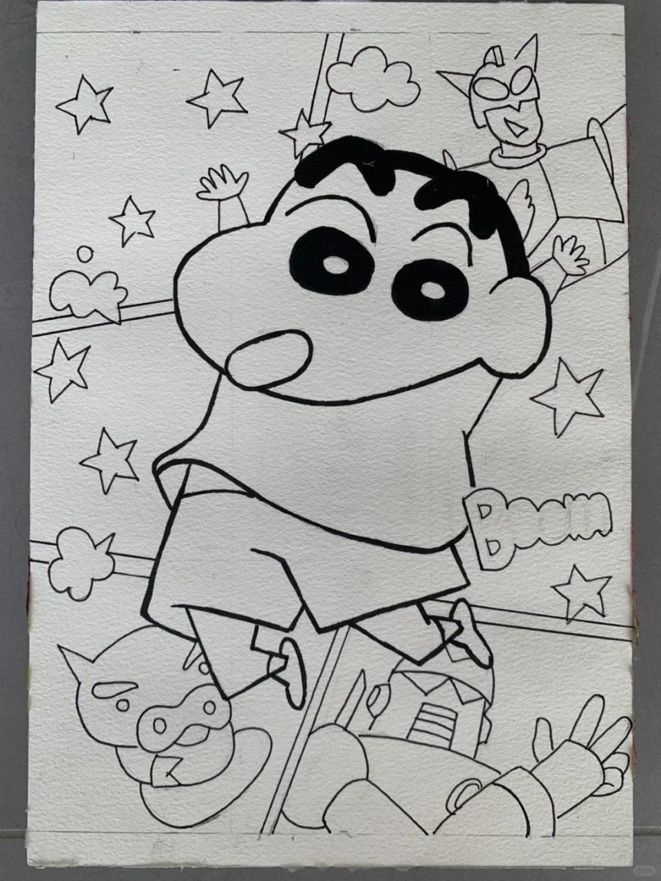 蜡笔小新|线稿|过程|简笔画|丙烯画|水彩 画布大小:18x24cm 纸张:宝虹