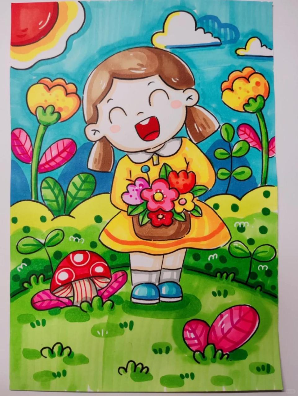 右滑上色-马克笔儿童画〔手捧鲜花的女孩〕 @苗妈的画室(儿童简笔画)