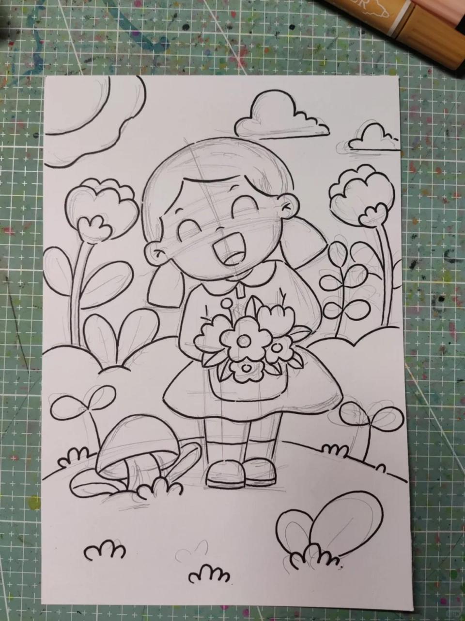 右滑上色-马克笔儿童画〔手捧鲜花的女孩〕 @苗妈的画室(儿童简笔画)