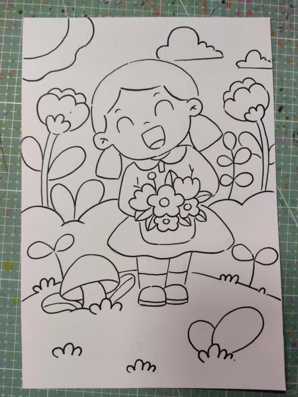 右滑上色-马克笔儿童画〔手捧鲜花的女孩〕 @苗妈的画室(儿童简笔画)