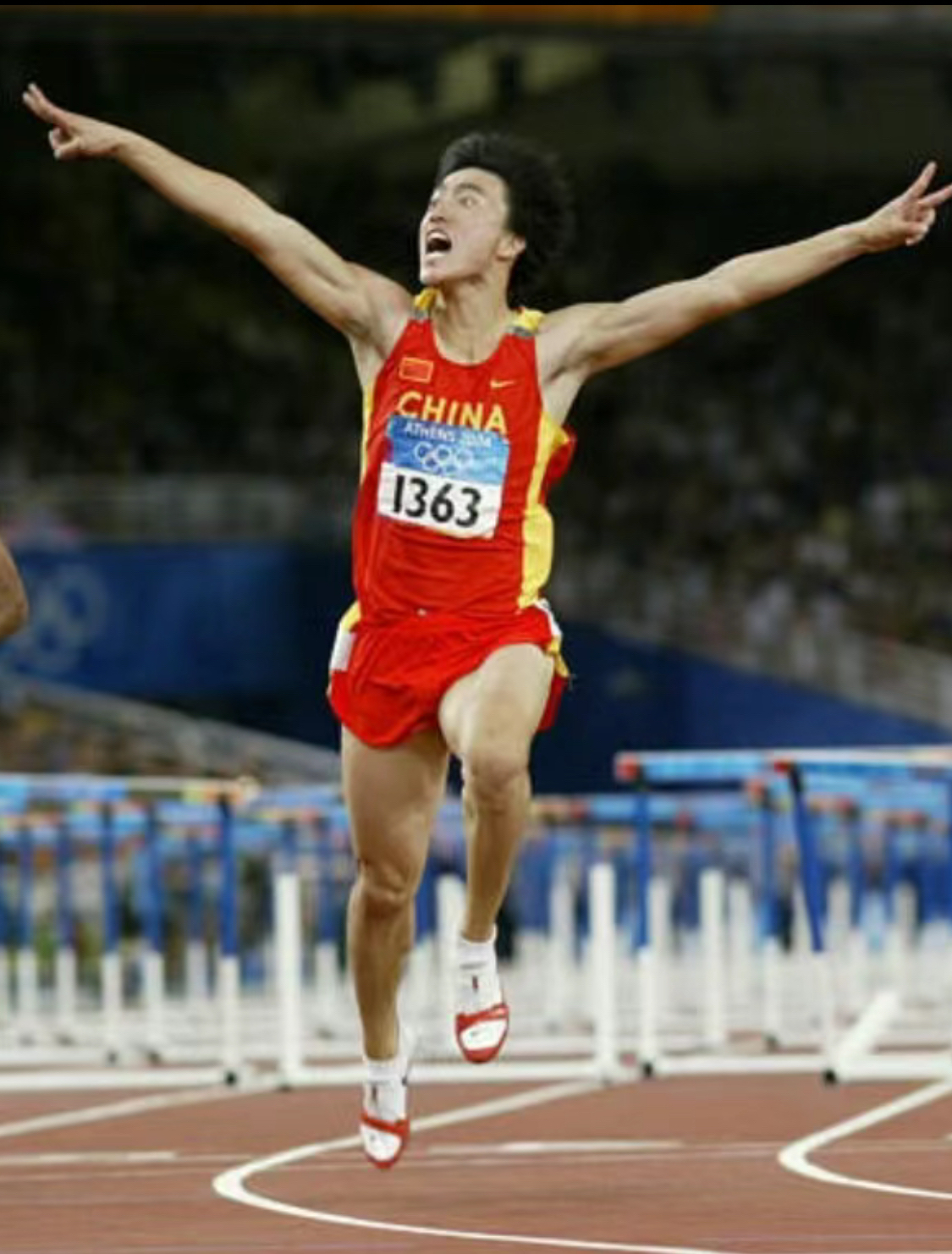 2004 年雅典奥运会男子 110 米栏项目中夺冠的场景,堪称中国田径史上