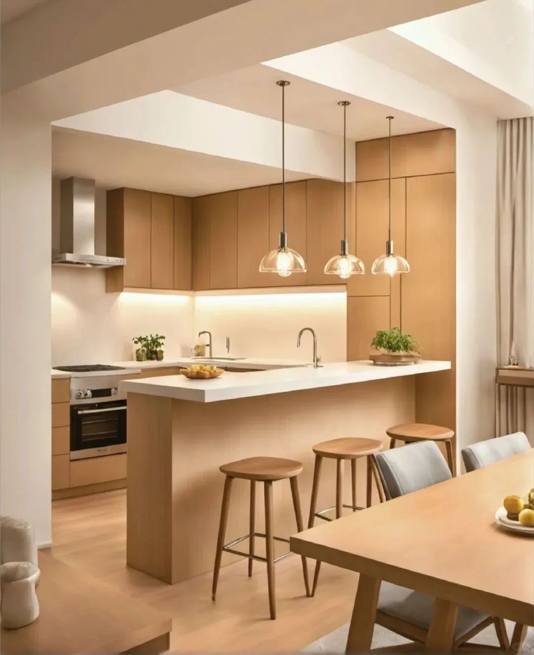 小户型空间狭小不通透,设计开放式厨房吧台能满足三人临时就餐需求