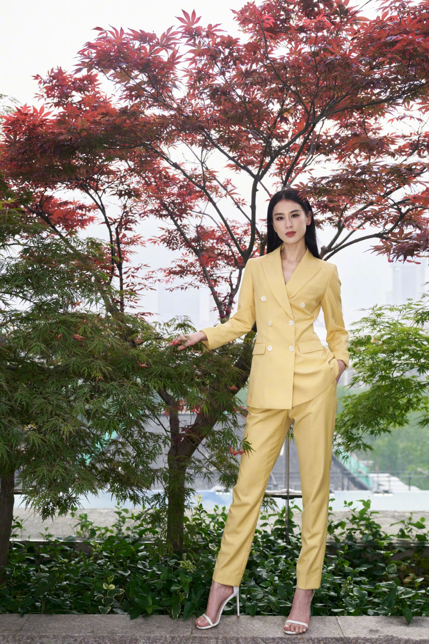 黄圣依的黄色西服套装,气场很足,干练优雅,还带着黄色的活泼,鲜亮