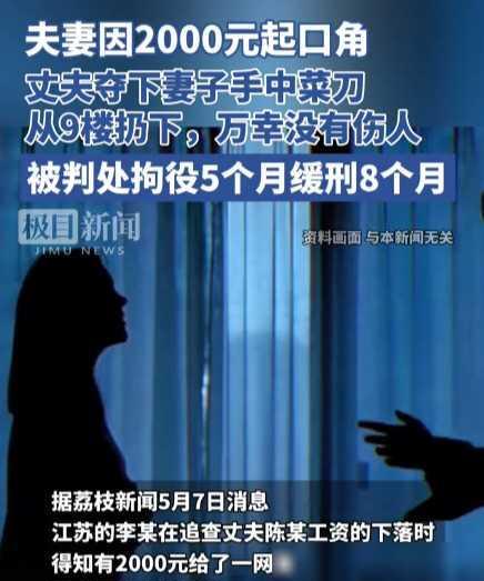 丈夫夺下妻子手中菜刀从9楼扔下,万幸没有伤人,被判处拘役5个月,缓刑8