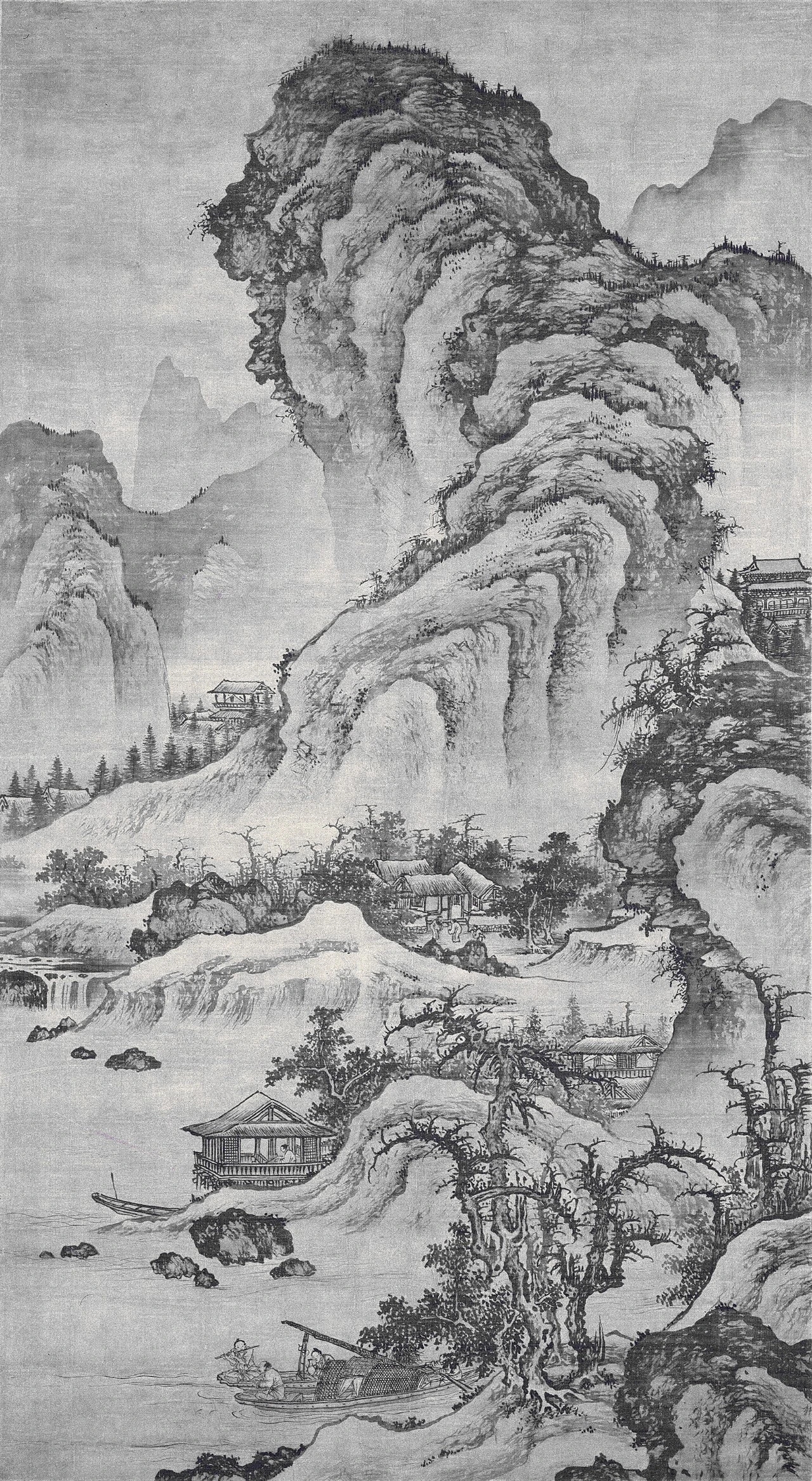 历代名家大师山水作品系列精选—— 明 李在《阔渚遥峰图轴》附细节