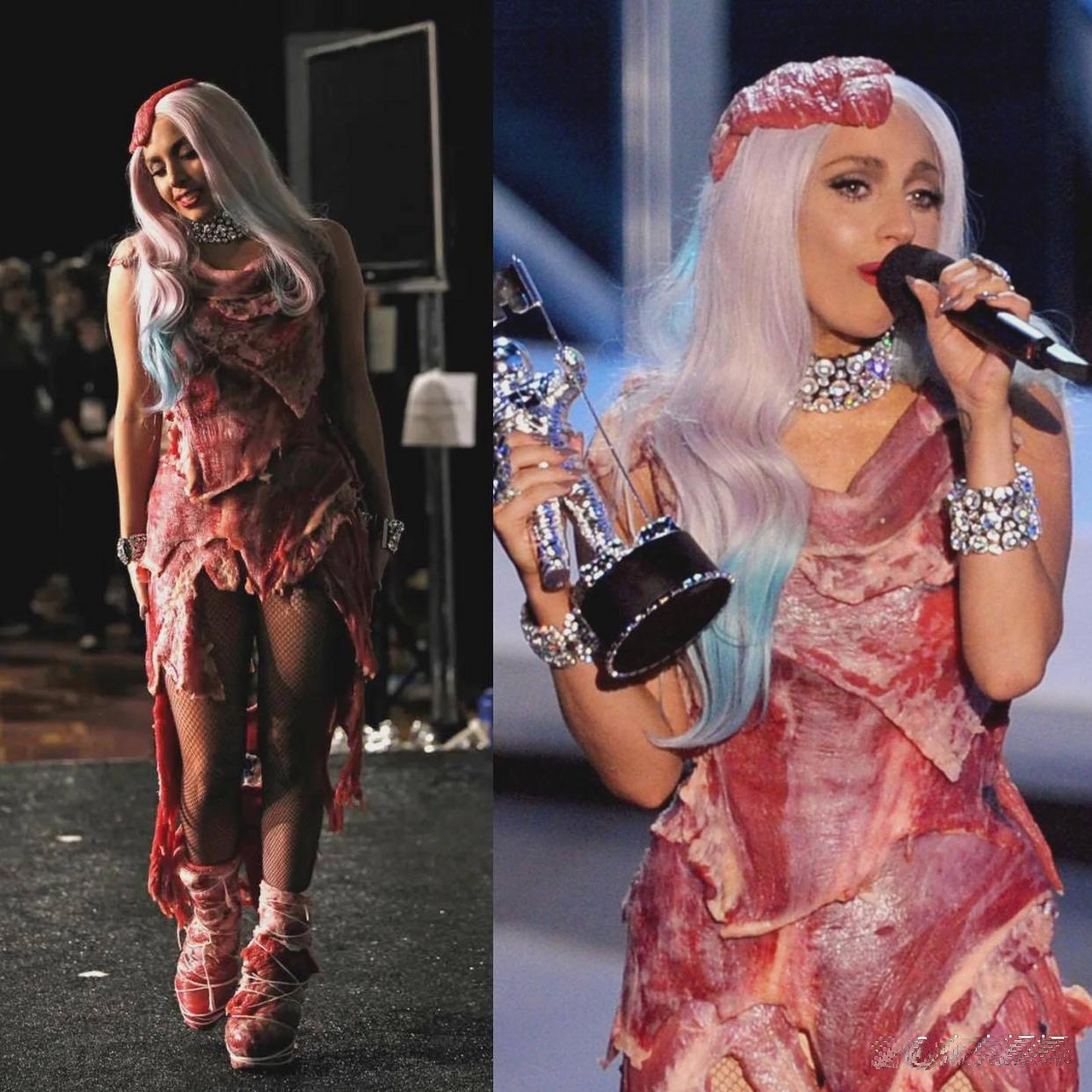 lady gaga在2010 vma颁奖礼上穿的这条"肉裙",是从50磅牛排上剔除的真