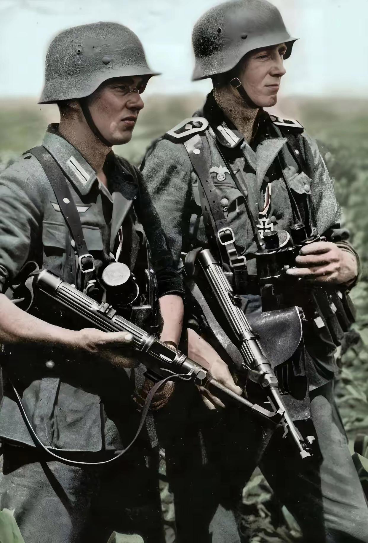 你看照片上德国士兵装备精良,m35头盔,mp40冲锋枪,再加