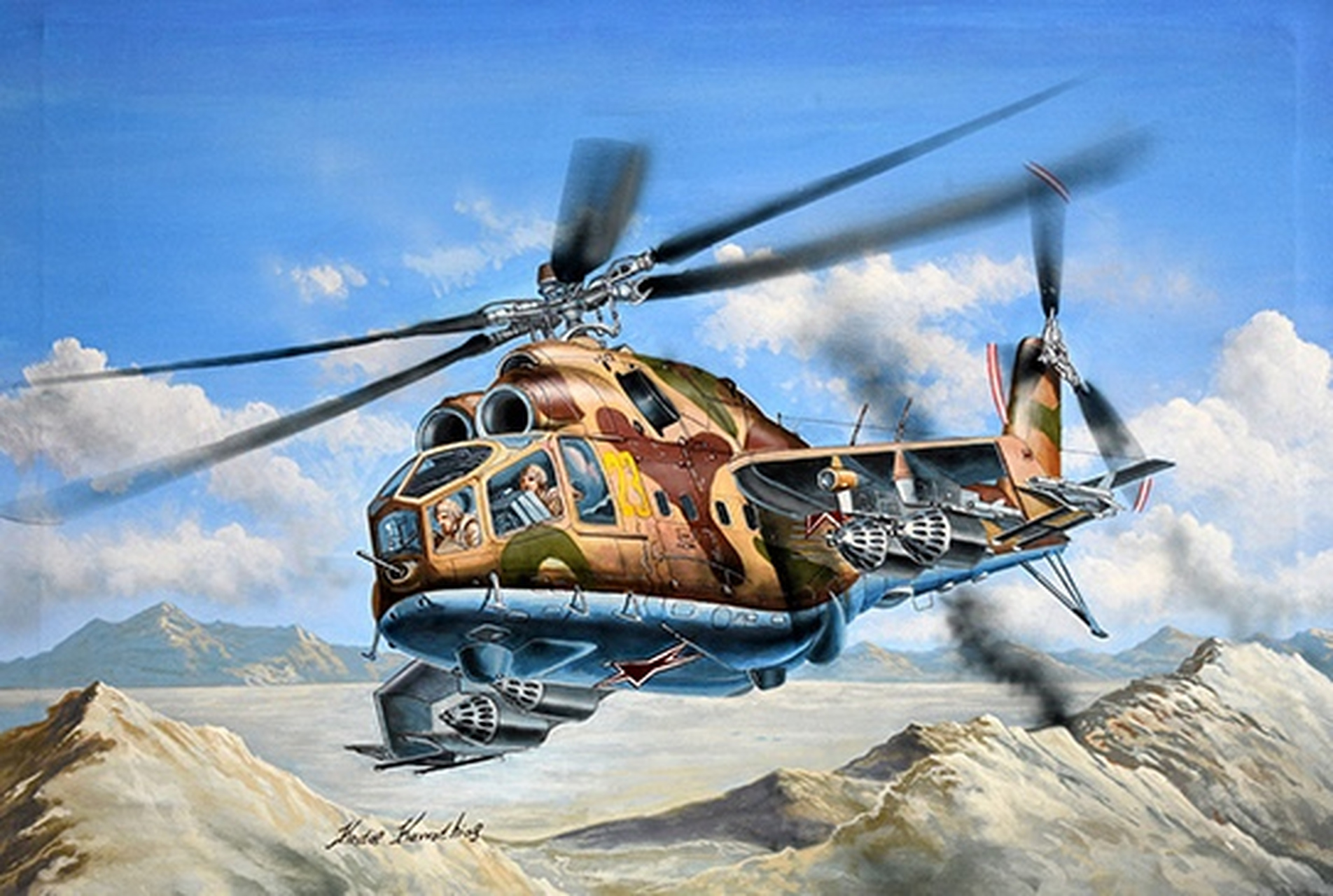 小号手模型封绘插画欣赏,包括了:米-24a"雌鹿b"武装直升机,英国皇家