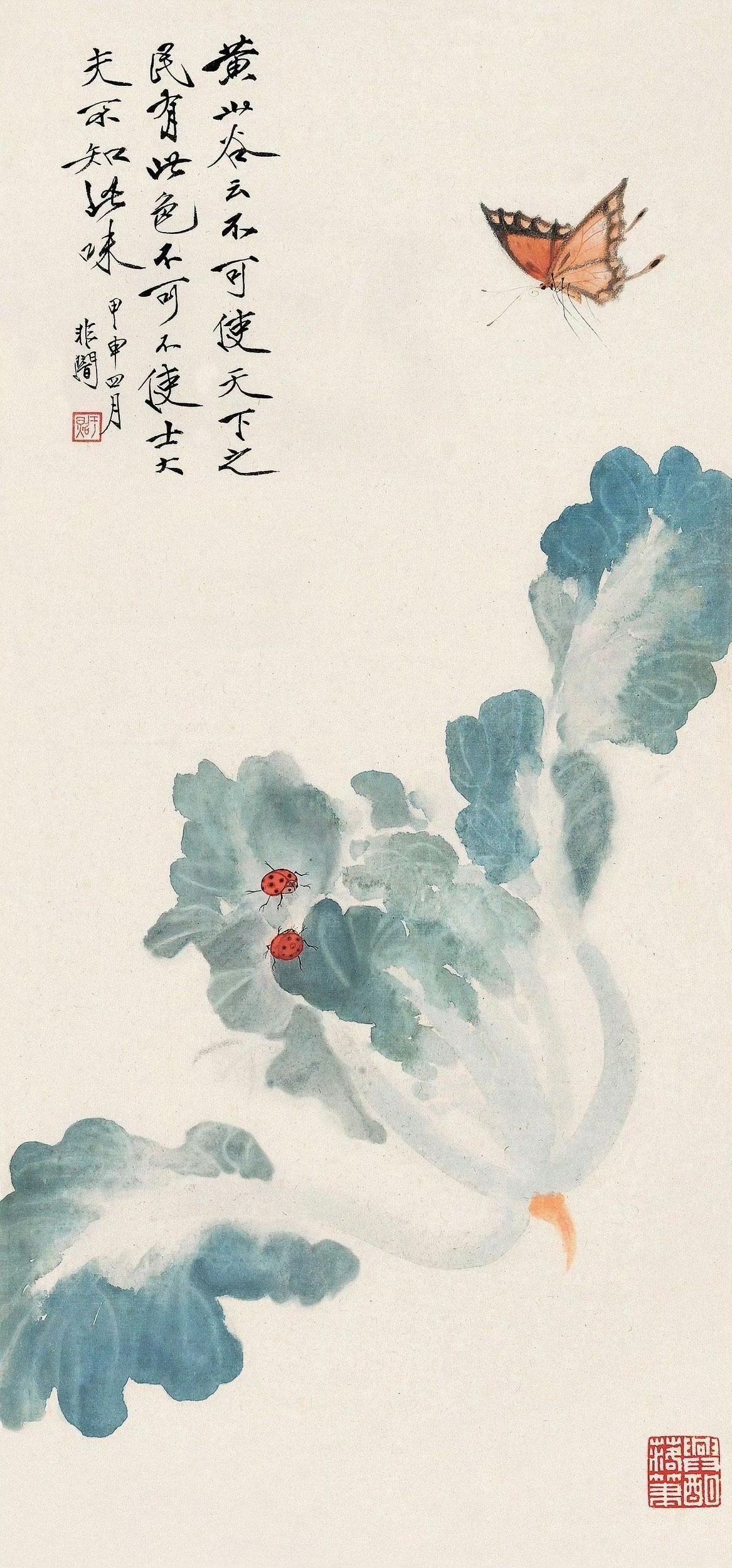 他笔下的白菜采用独特的没骨画法,展现出淡雅的色彩和清新的风格,令人