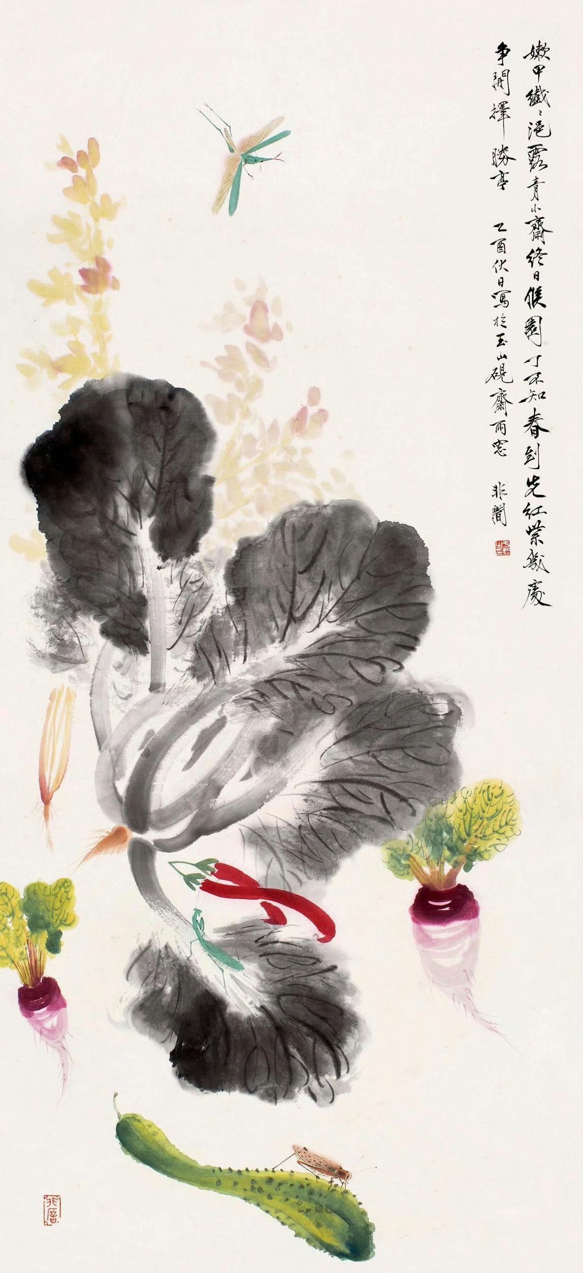 他笔下的白菜采用独特的没骨画法,展现出淡雅的色彩和清新的风格,令人