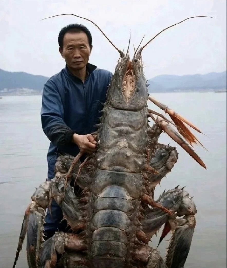 爷爷今天去钓鱼,结果钓到了一个超级大龙虾,这个龙虾是不是变异了呀?