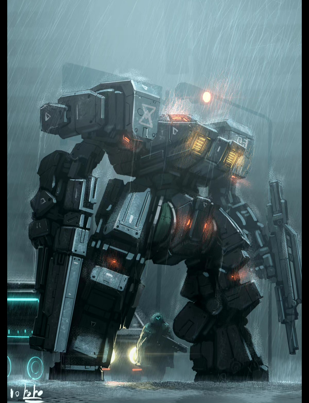 画师robobo绘制的一组机甲插画作品,描绘了不同造型的机体,画面写实而