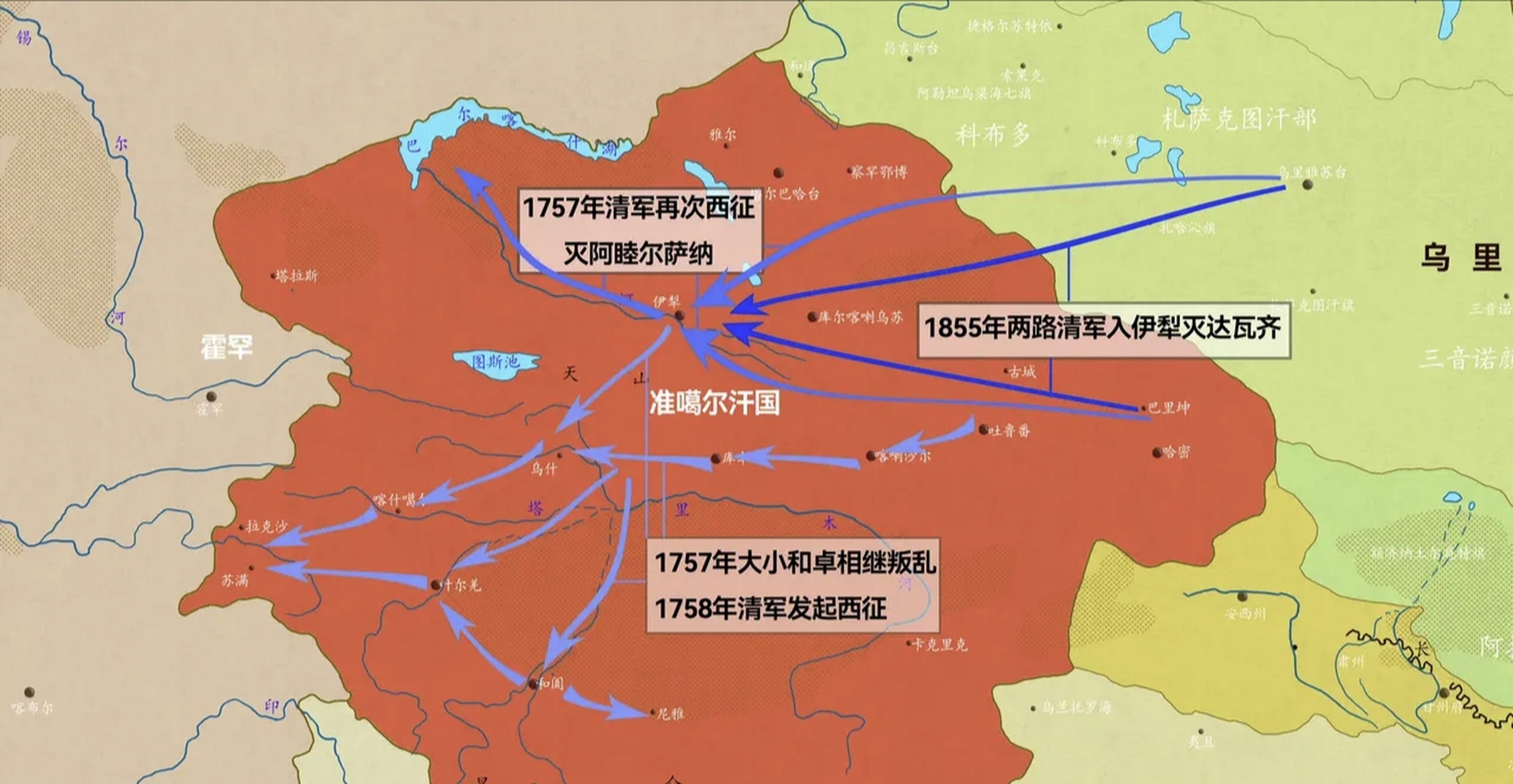 在乾隆的十全武功中,有三次与西域的准噶尔汗国有关,其重要程度与