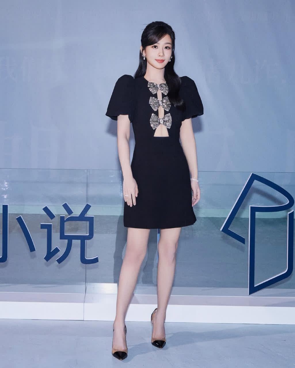 杨紫:黑色尖头侧边透明高跟鞋