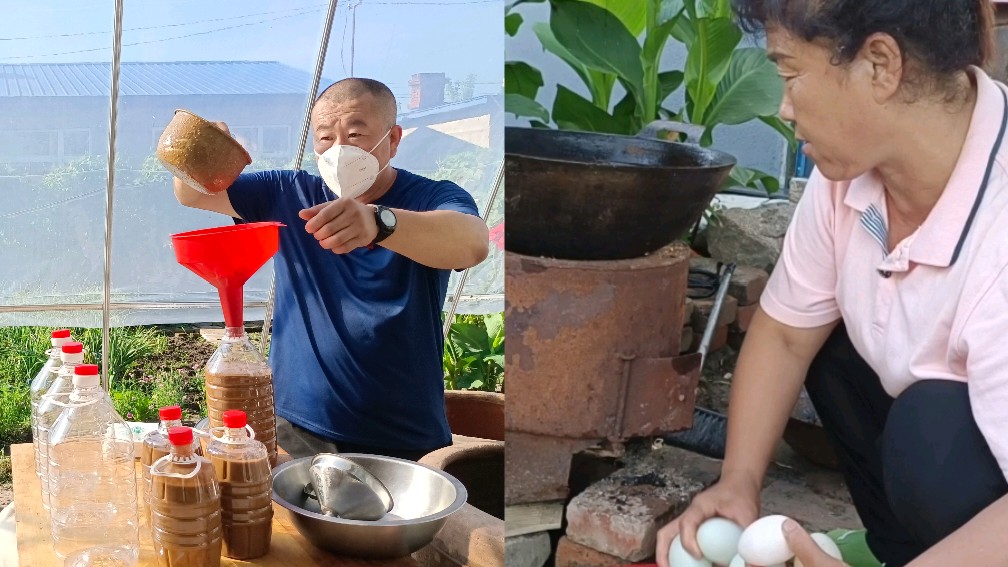 菜园风光好,大蒜俩人薅,柴火锅中煮鸭蛋,缸里大酱香味飘