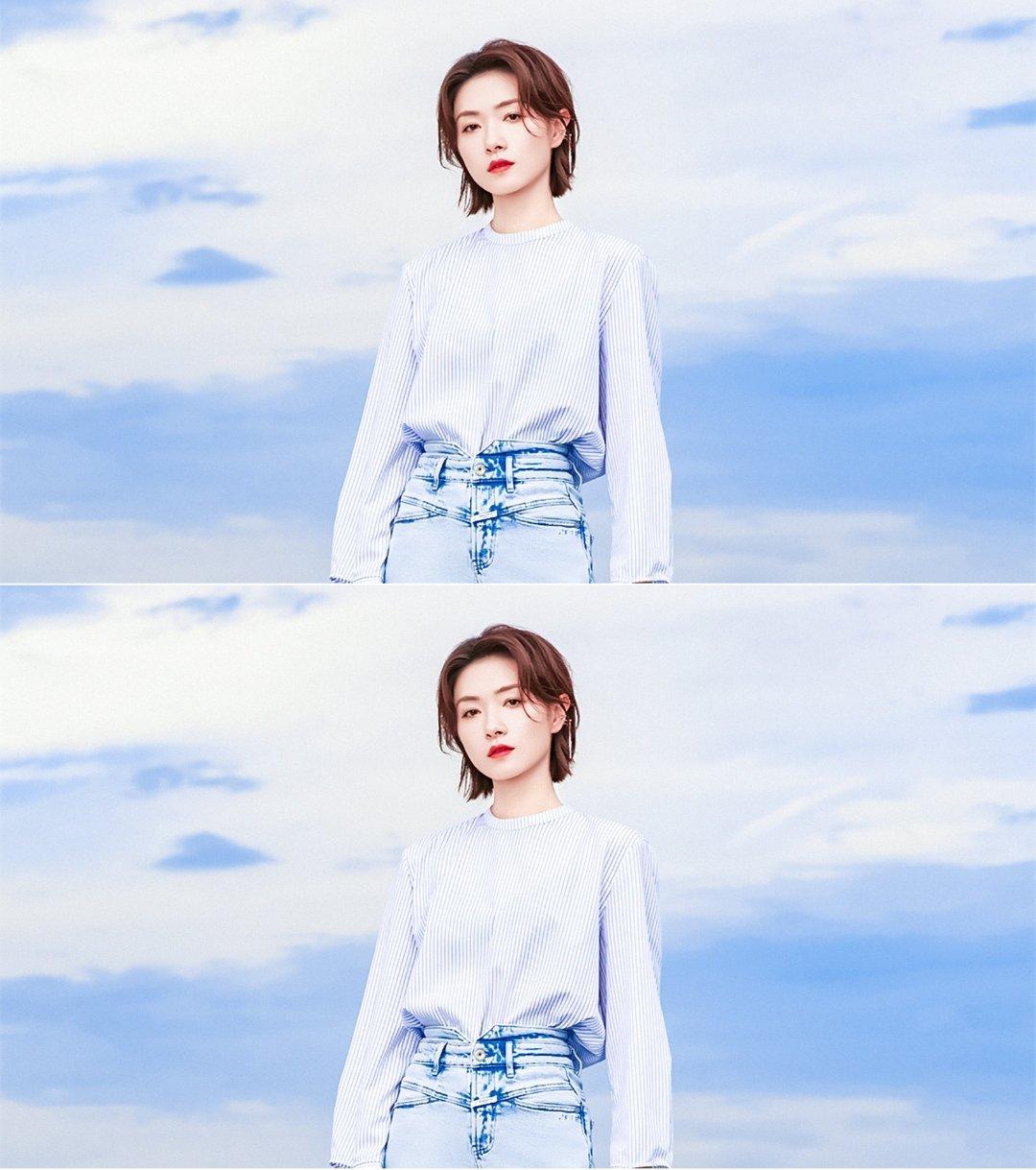 万茜蓝色优雅西装,尽显知性魅力,闲适自然