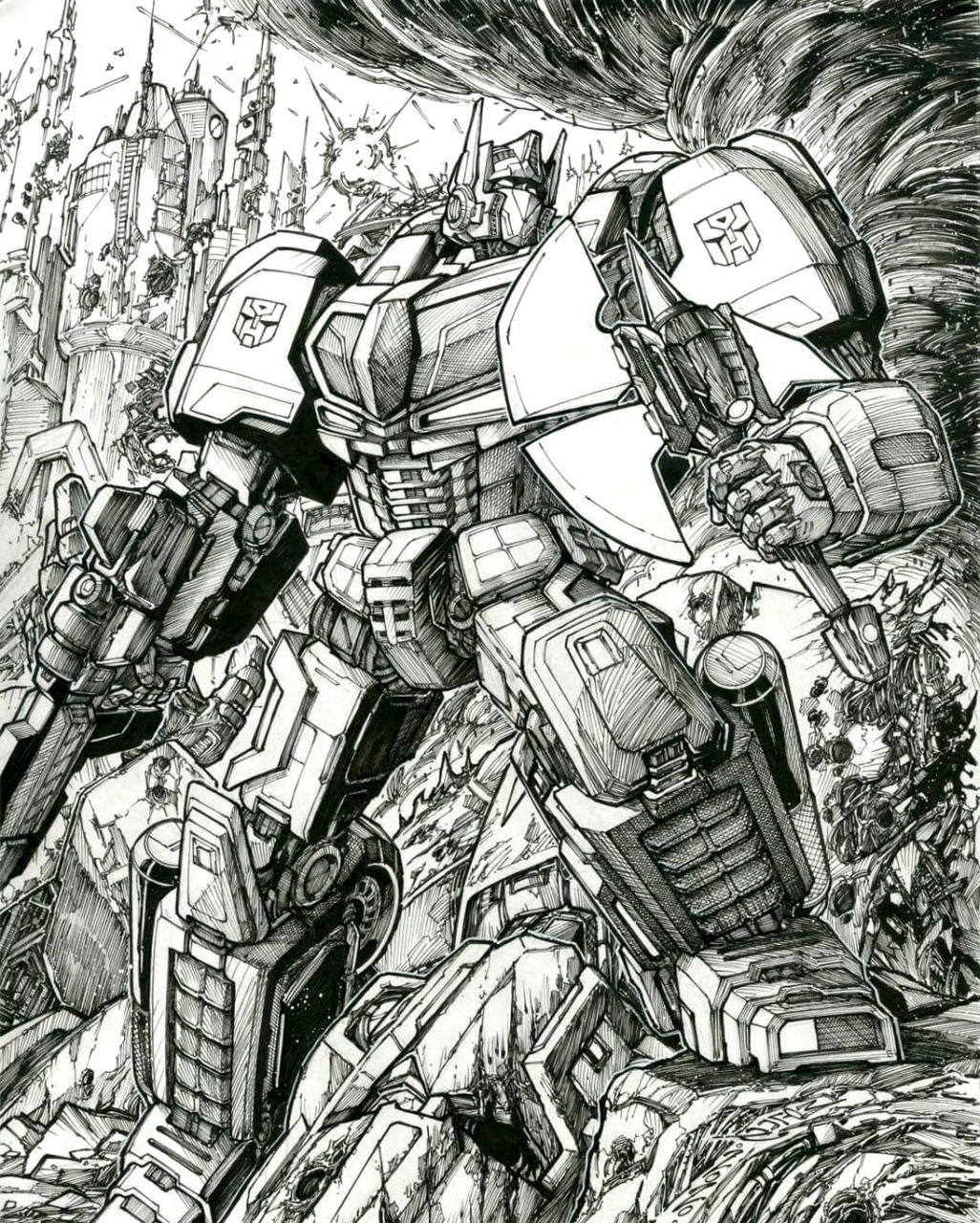 画师markerguru变形金刚线稿绘画作品欣赏,用复杂有序的线条描绘了