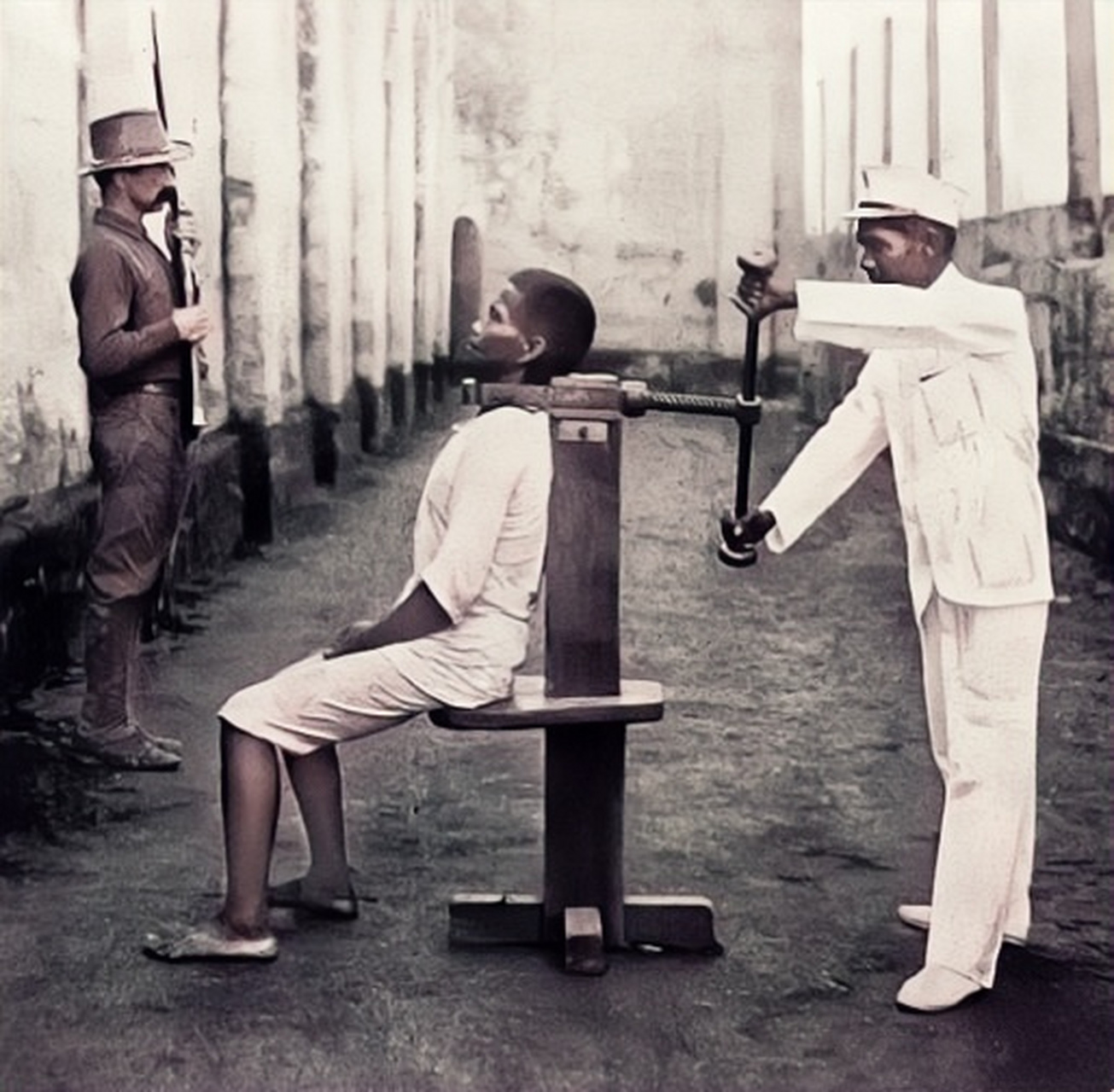 1922年,南非,一名死刑犯被执行螺旋绞刑,这种刑具的杀招就是在脖子上