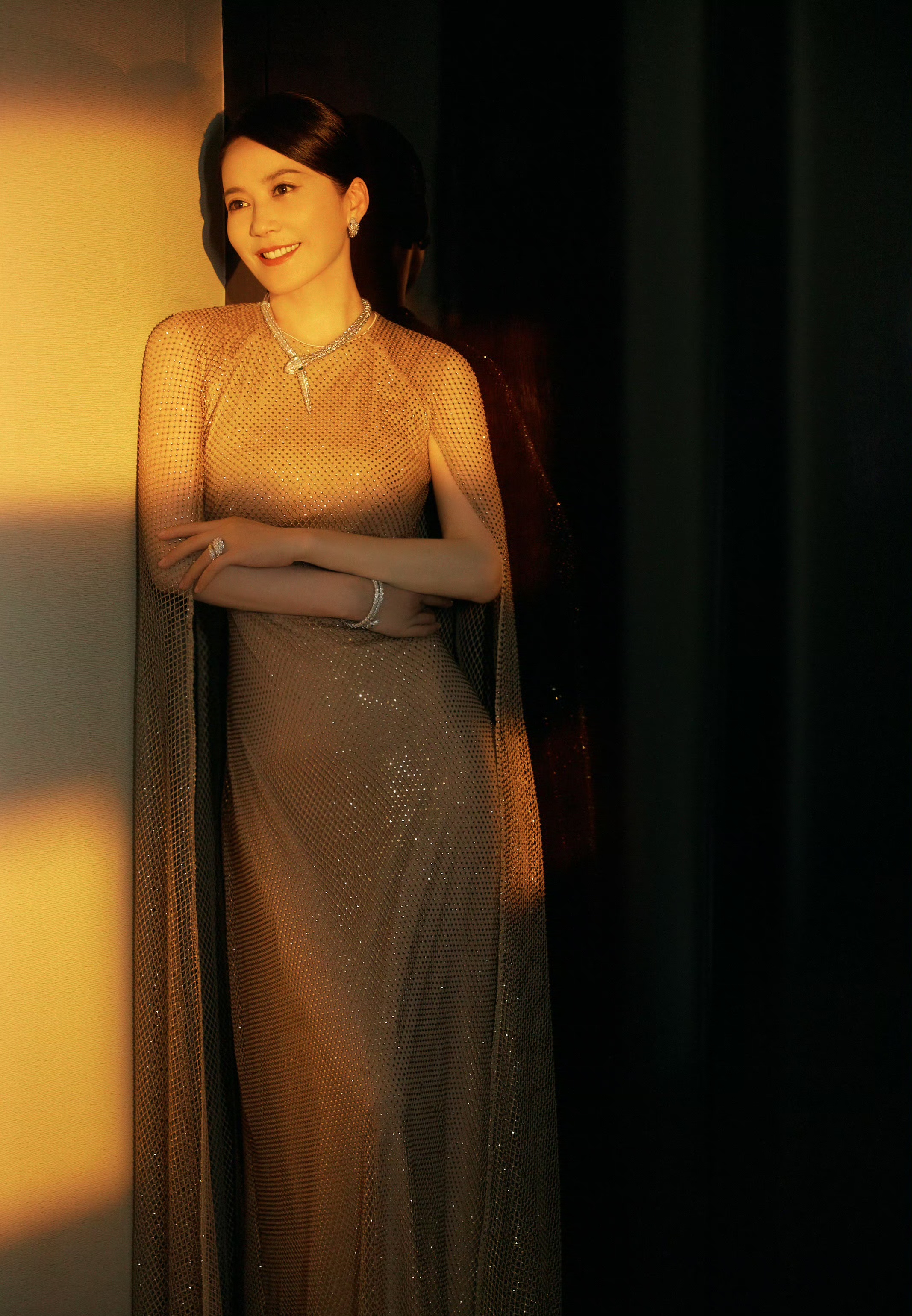 俞飞鸿,玫瑰金色网状礼裙,美到看不出岁月的痕迹!