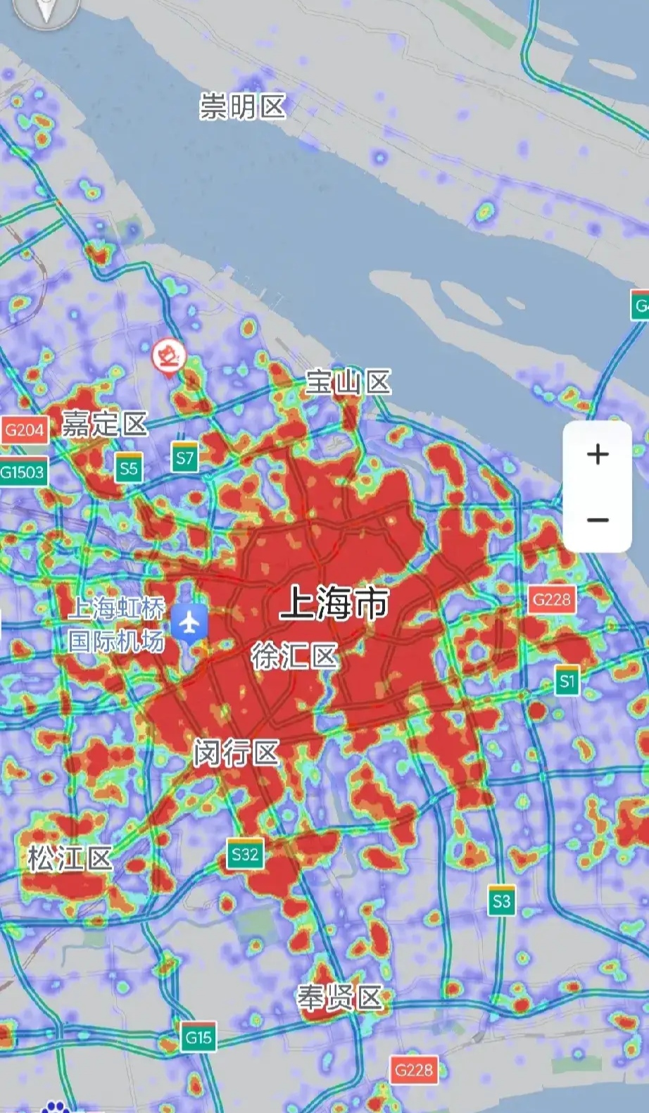 但是北京的人口比上海少了300万,并且从热力图上看这两座城市非常壮观