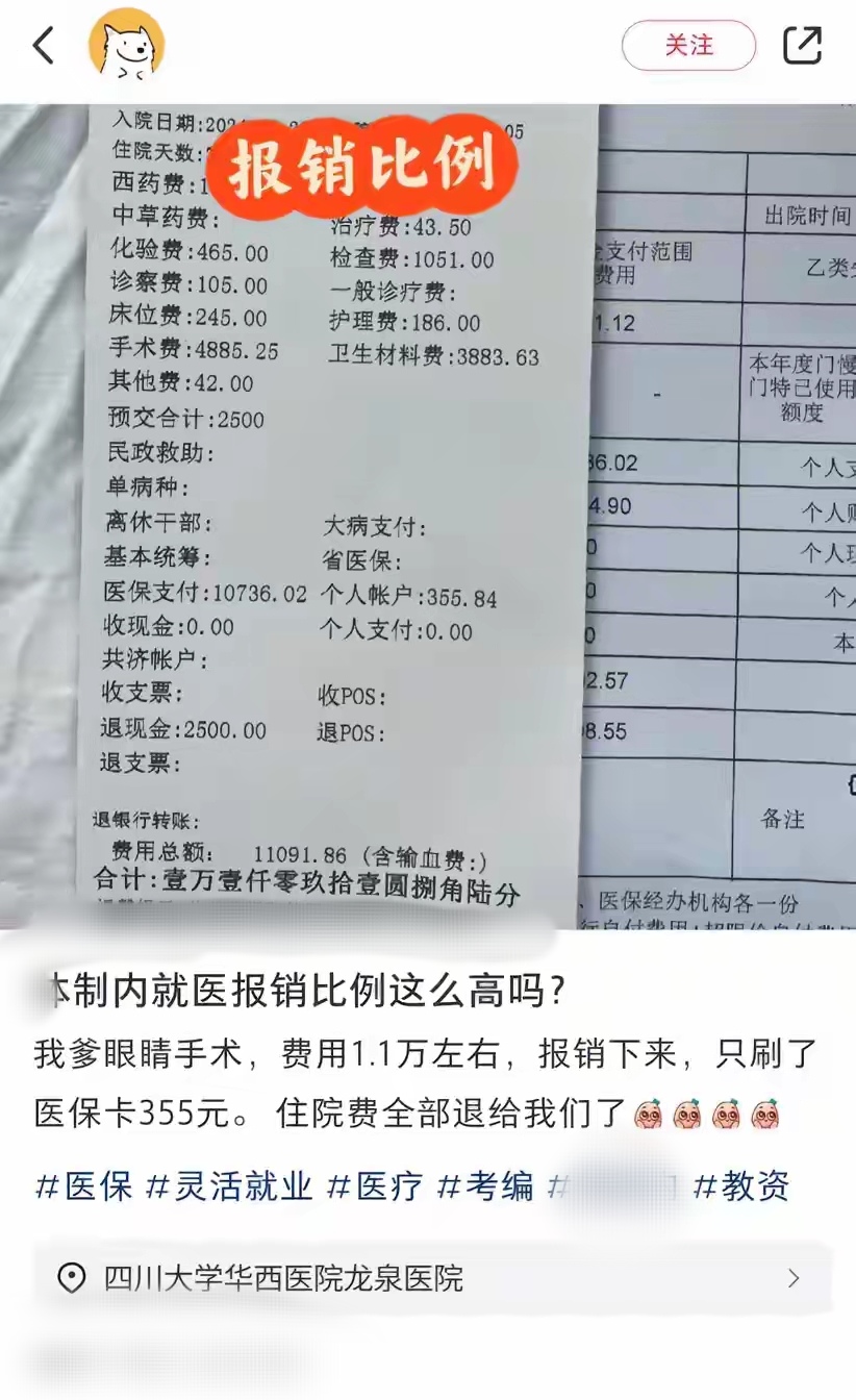 某书用户发帖称:自己的公务员父亲眼睛做手术手术费,住院费,护理费
