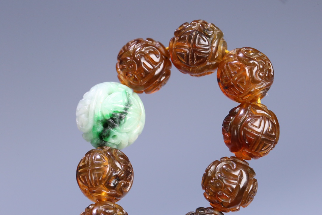 s清代 老琥珀团寿纹108佛珠
