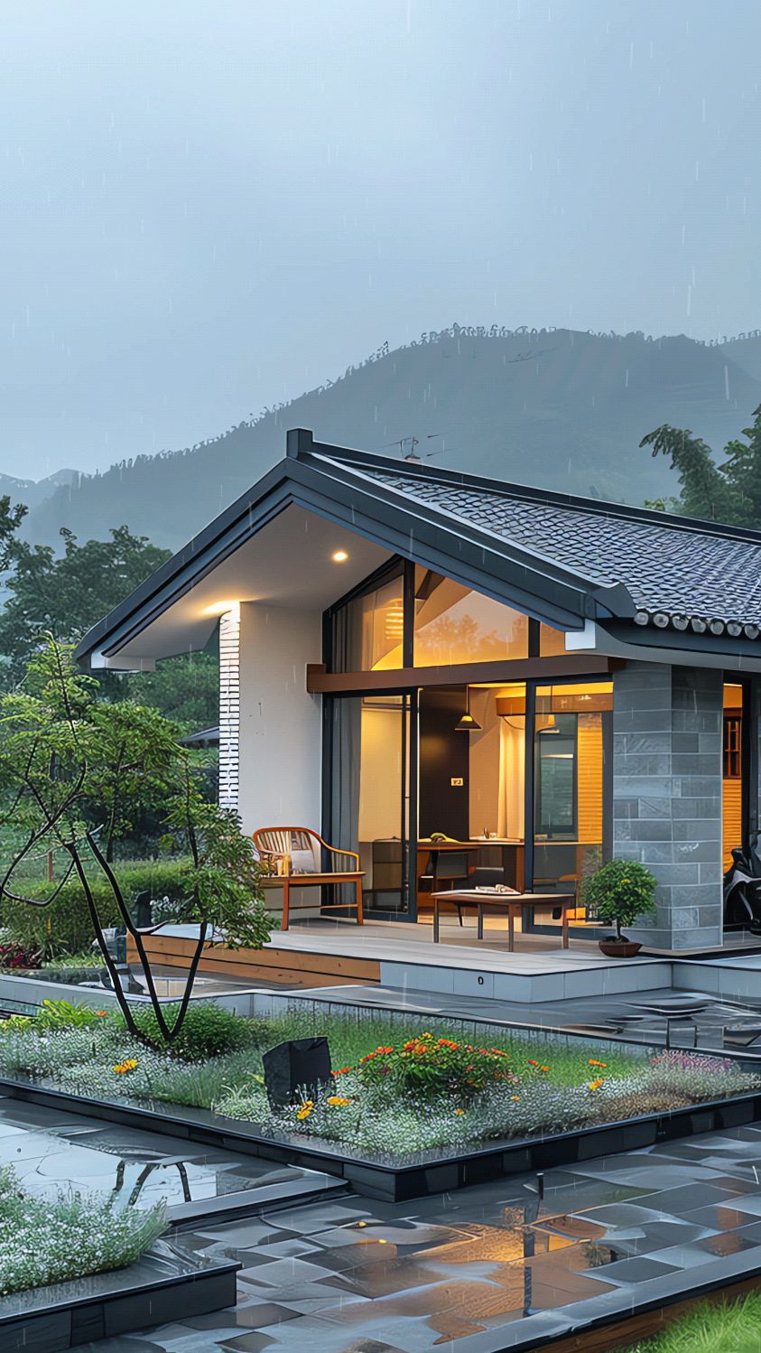 农村雨中的一层自建房
