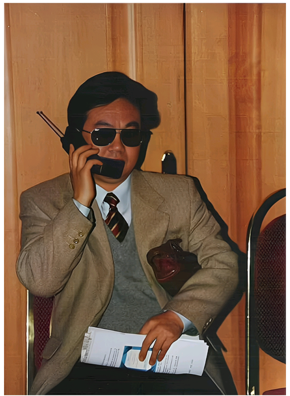 1994年,沈阳开往大连的火车上,一位商人正在用"大哥大"通话,画面中