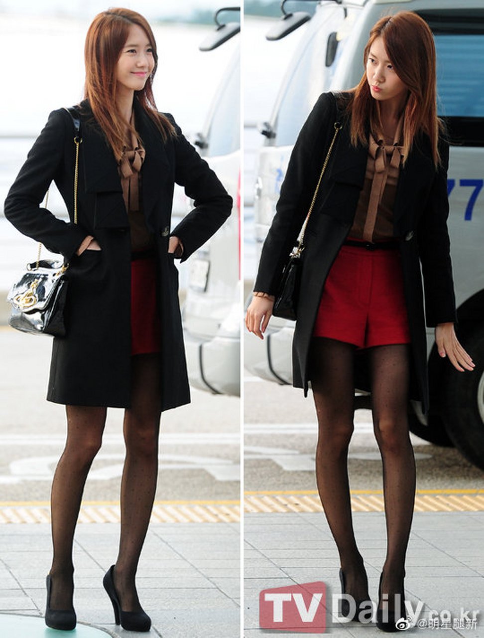 韩国美女林允儿穿短裤圆点黑丝袜街