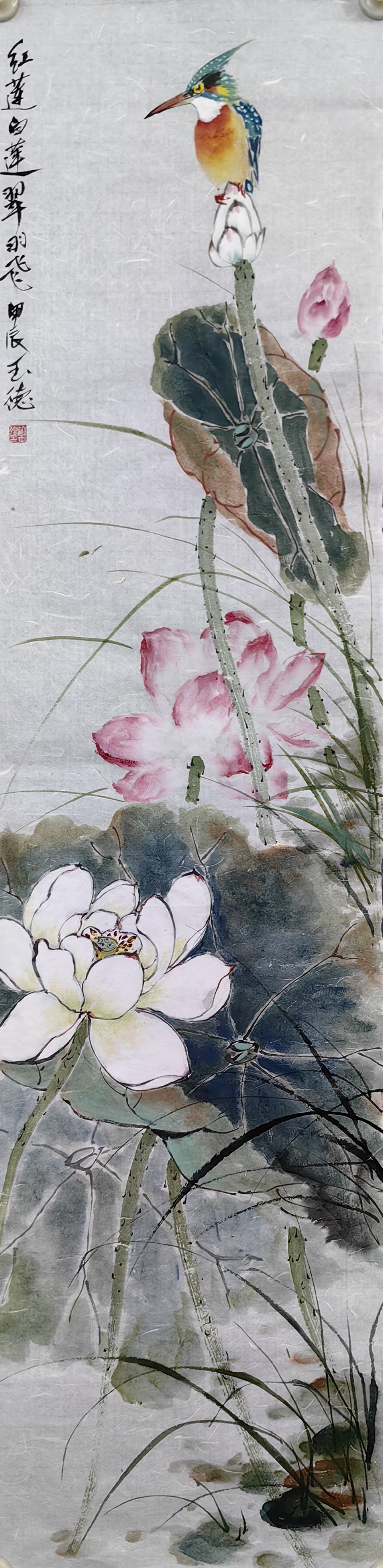 《红莲白莲翠羽飞》四尺长条荷花翠鸟