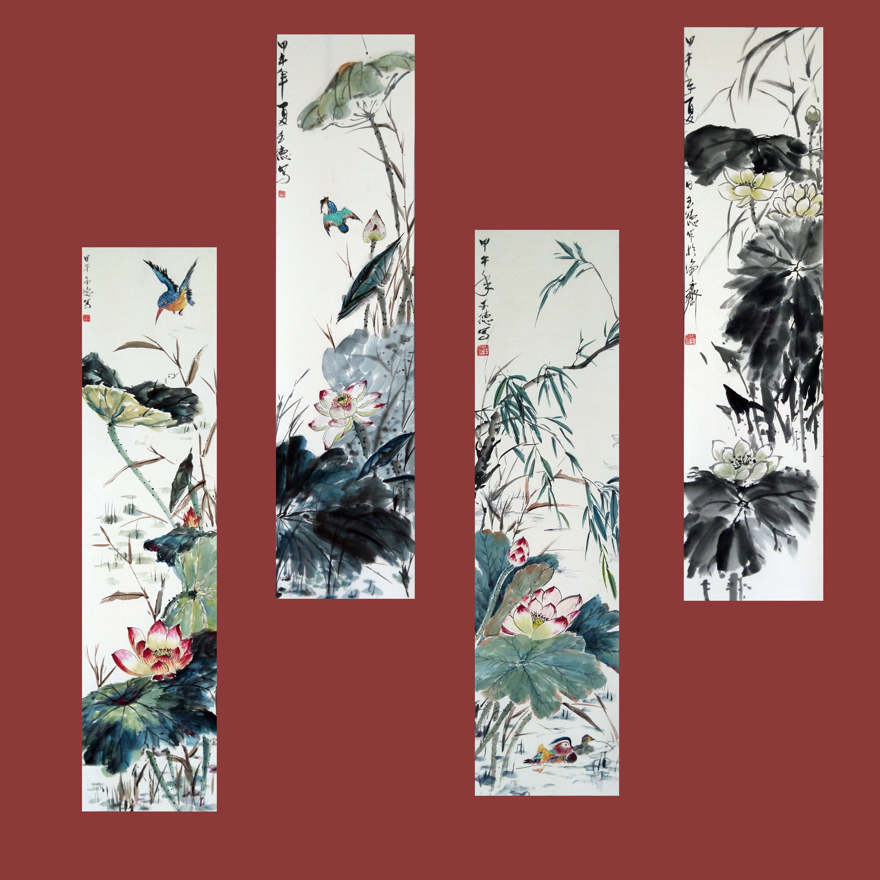 荷花翠鸟四联长条