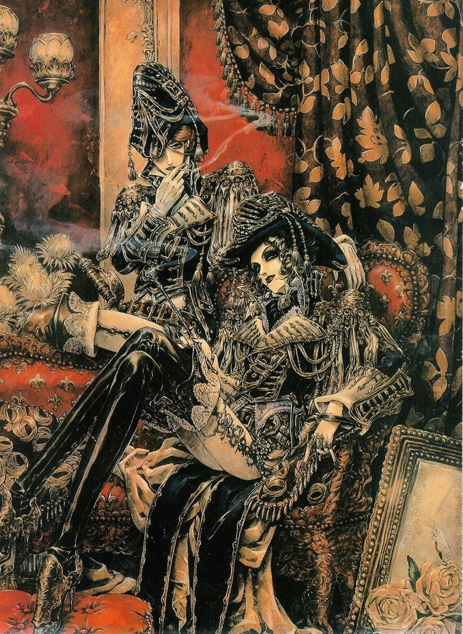 继续分享画家thores shibamoto《圣魔之血》插画作品,结合了复古神话