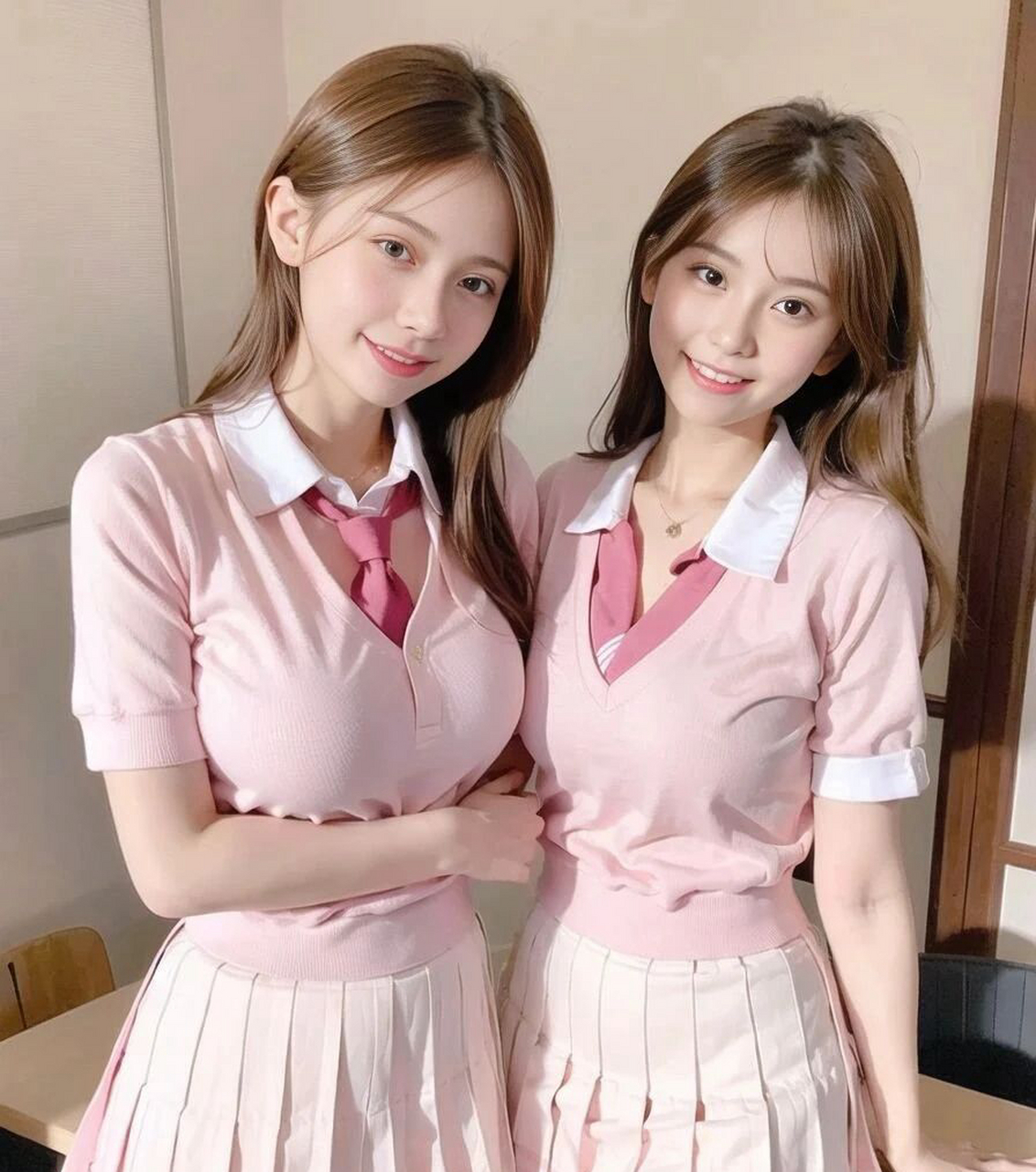 甜美姐妹花,粉色jk制服