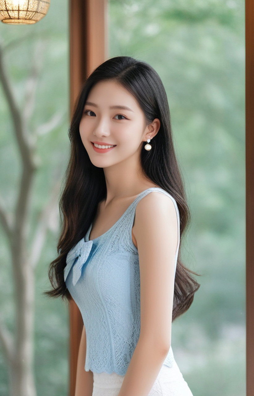 迷人美女卧室写真,蓝衣长发女孩