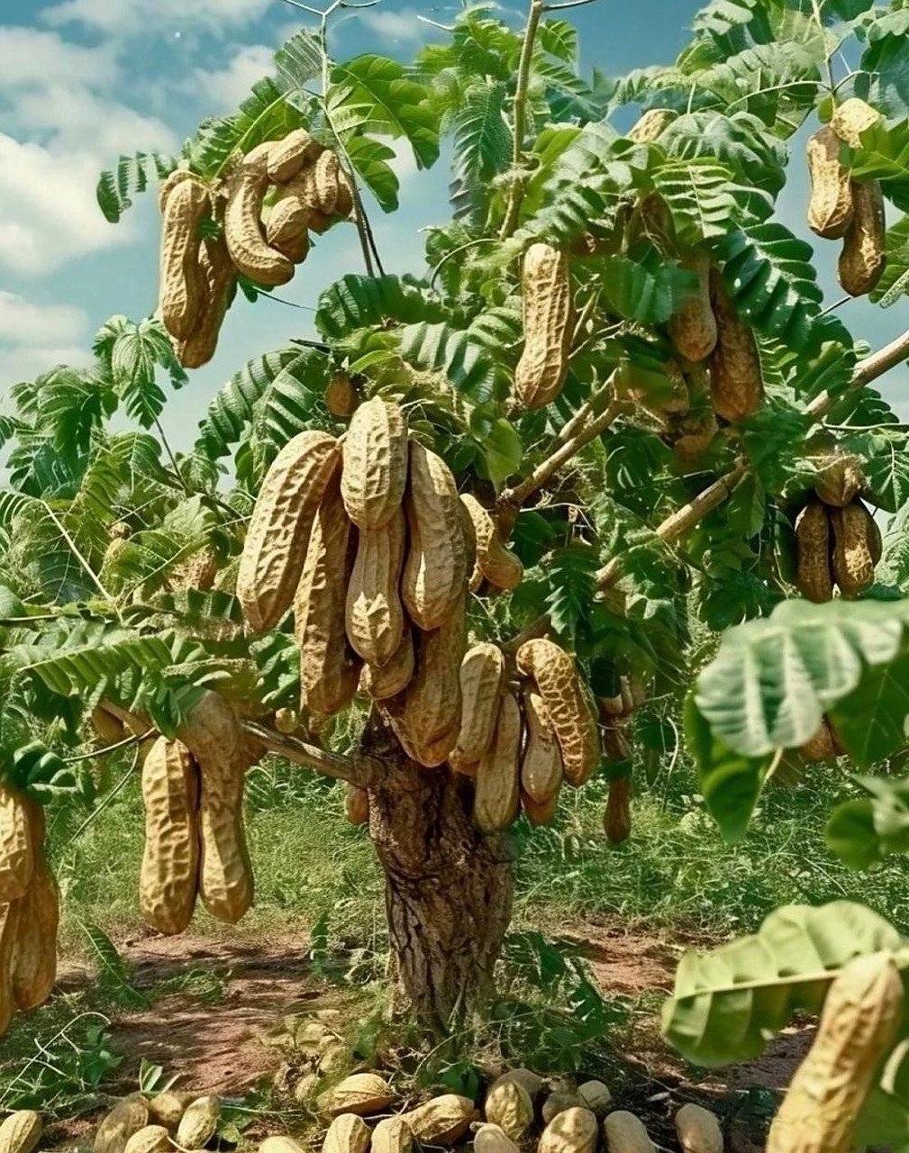 在广阔的田野里,立着一棵棵花生树,它们一个个挺拔傲骄,树枝上挂着