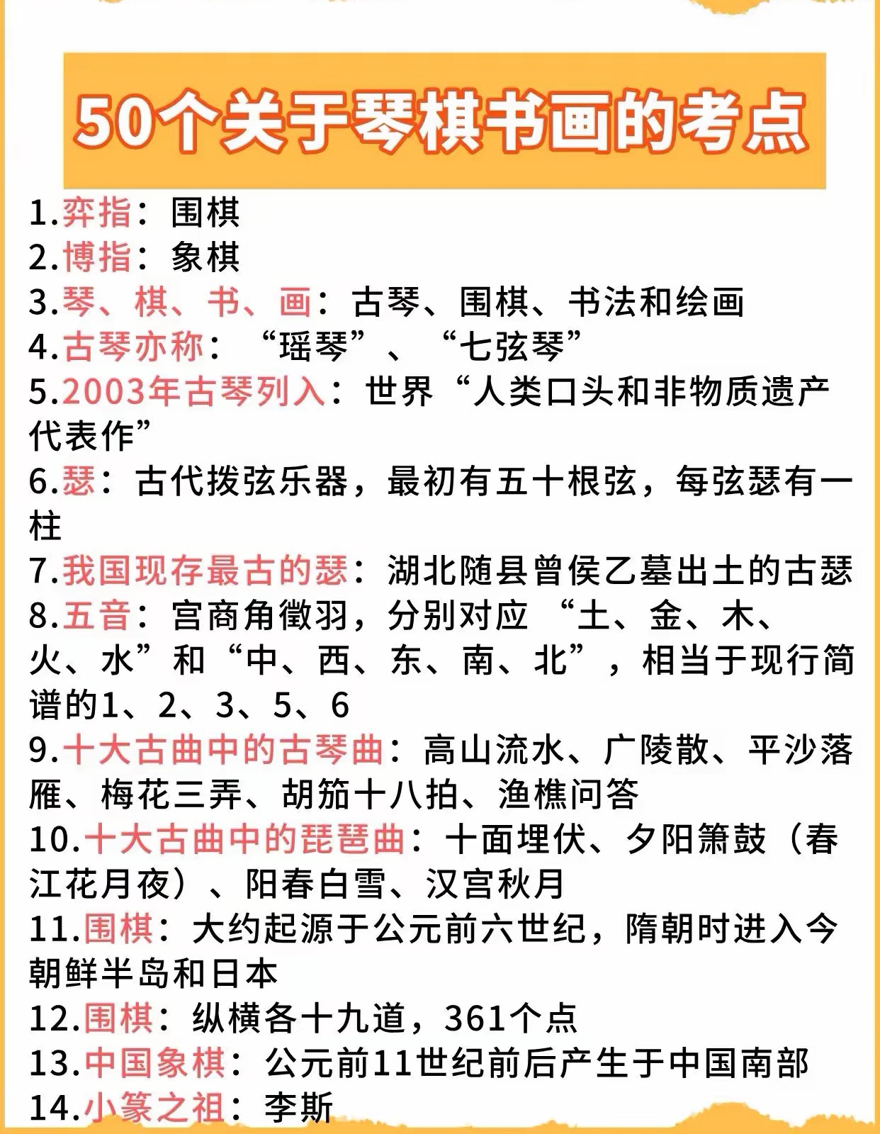 50个关于琴棋书画的知识点!