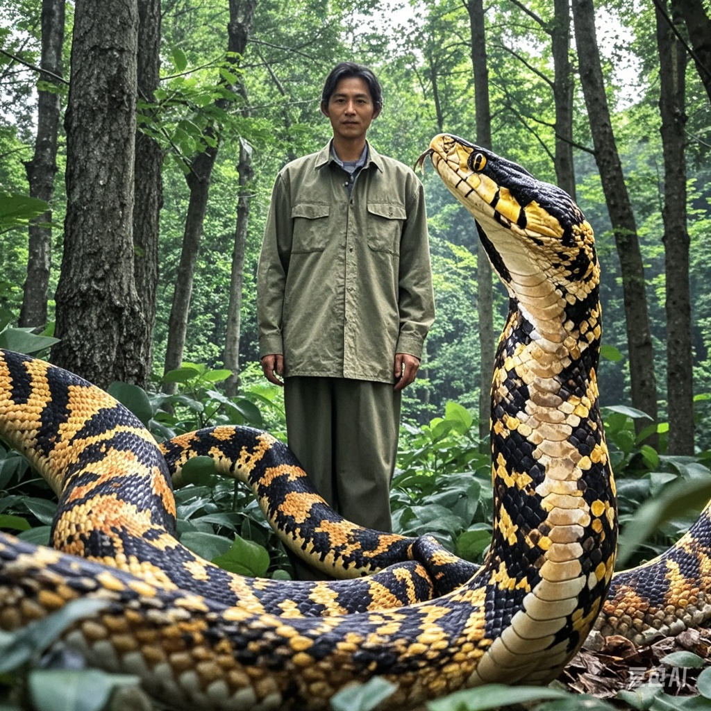 吉安村民偶遇林间花斑大蛇:近日,在江西吉安,一位村民在野外树林里