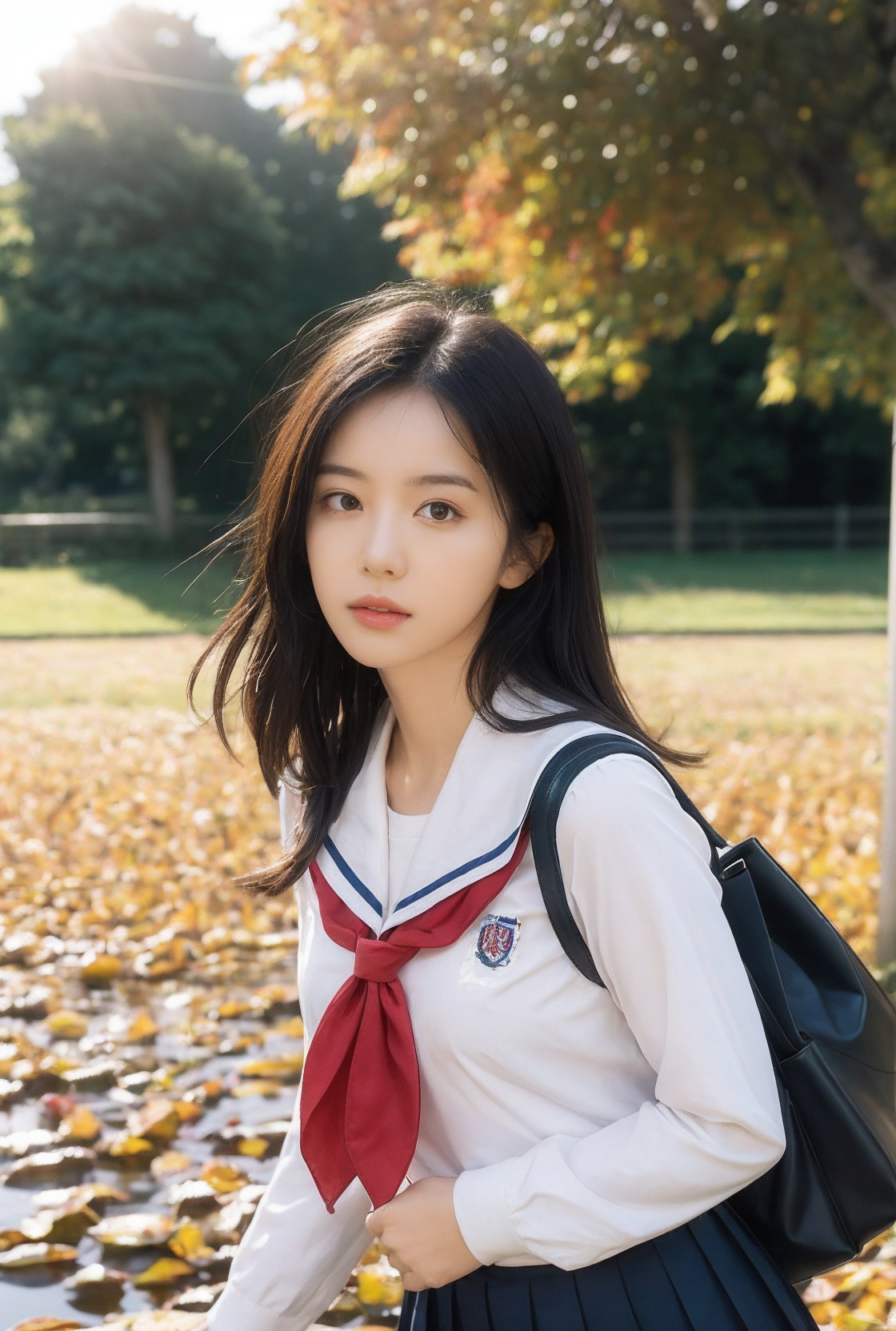 白色的水手服清新自然,搭配深色的短款校裙,活脱脱一个清纯的高中女生