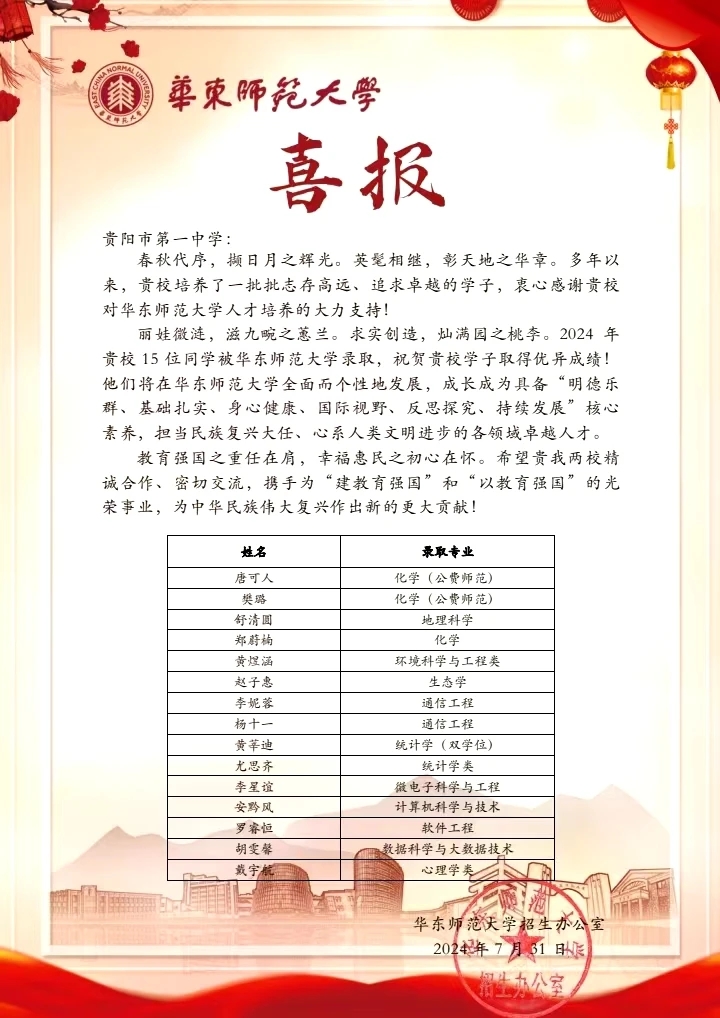 19所985高校向贵阳一中发来喜报,同济30人,华科23人,北航22人
