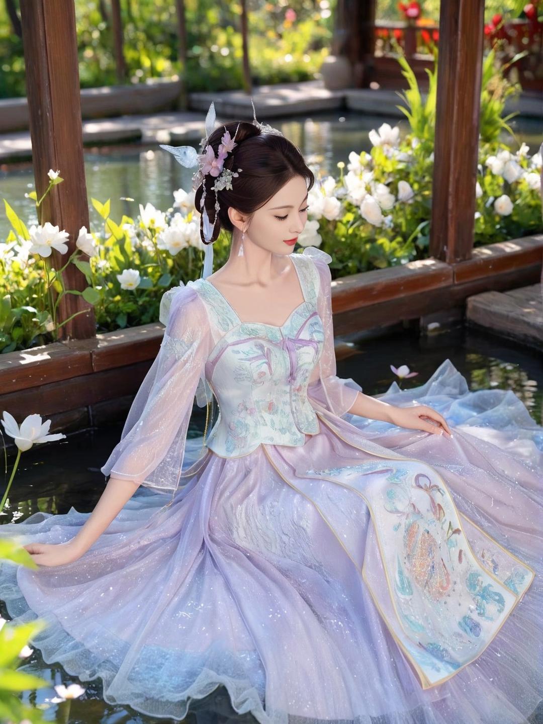 池塘边,花丛中,汉服小姐姐,美如画,快来围观~#养眼美女# #日常穿搭