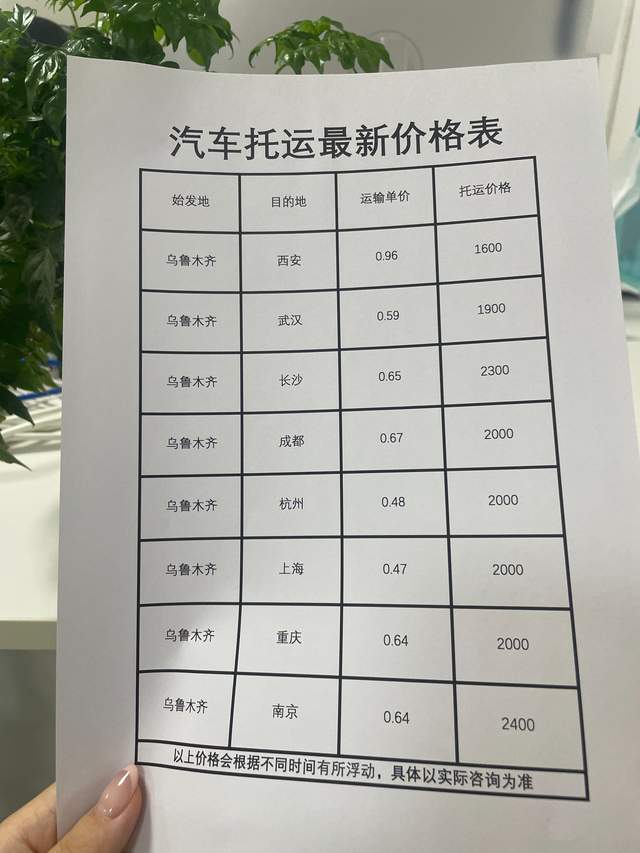 托运汽车价格表