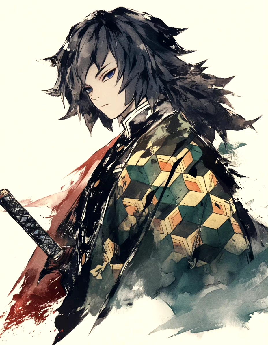 分享一组动漫鬼灭之刃人物插画作品,用水墨风格描绘了水柱富冈义勇