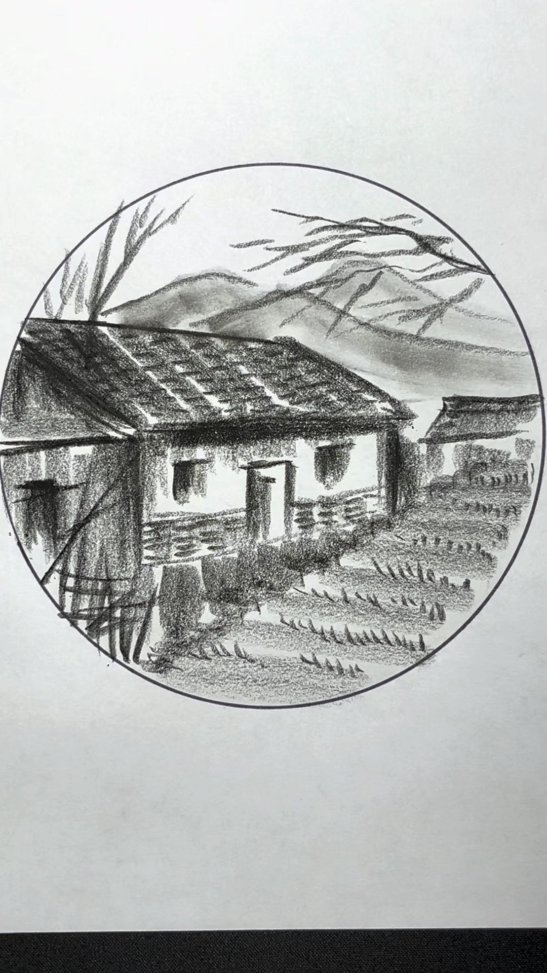 简单画炭笔风景画 家乡的老屋