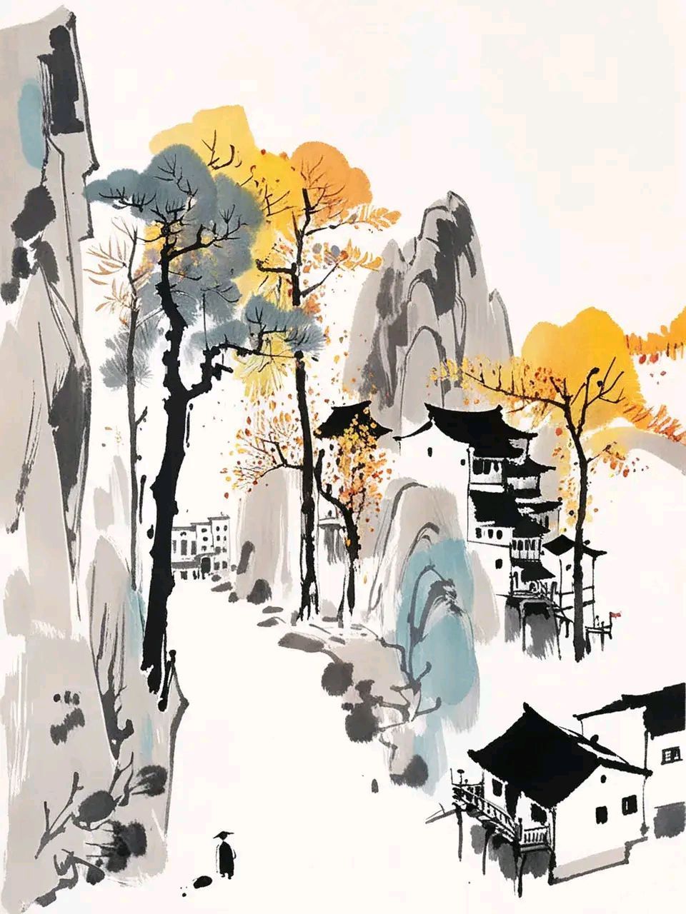 水墨淡彩 | 古村秋景