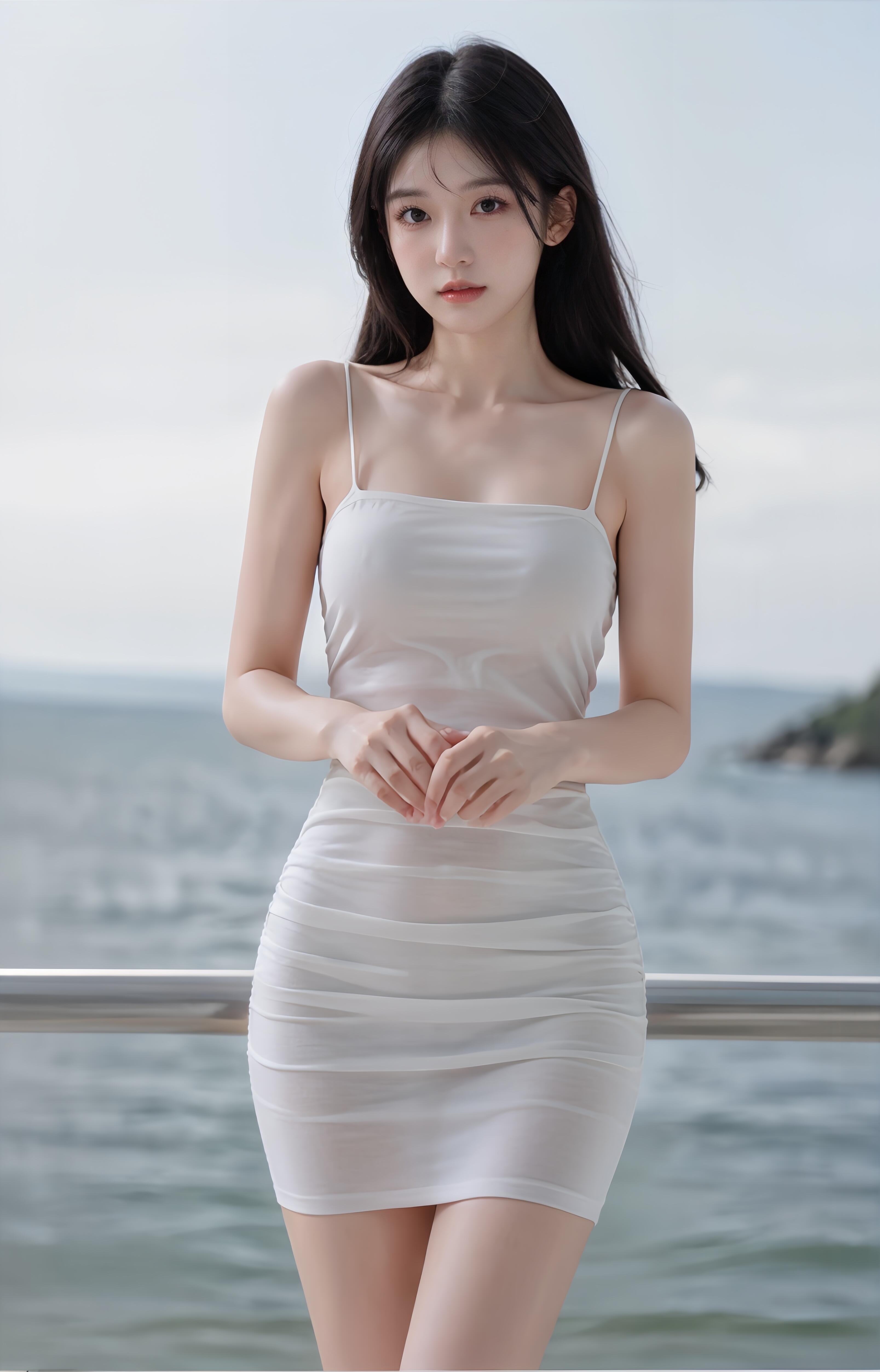 白色的连衣裙衬托出她清新优雅的气质,身材曲线优美,皮肤白皙透亮