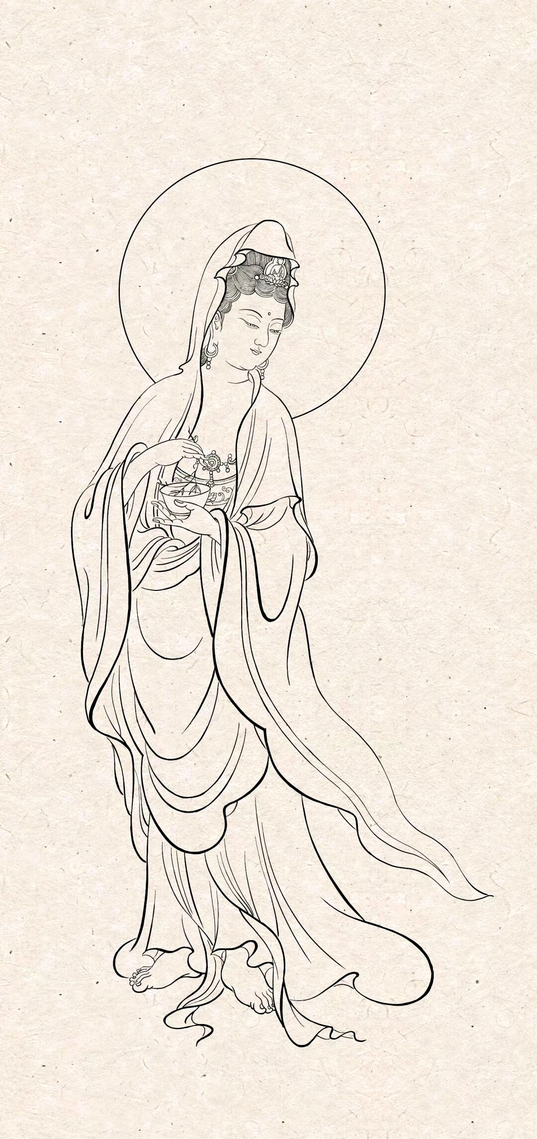 画师"闲人"绘制的一组观音菩萨白描作品,用流畅的线条描绘了仪态万千