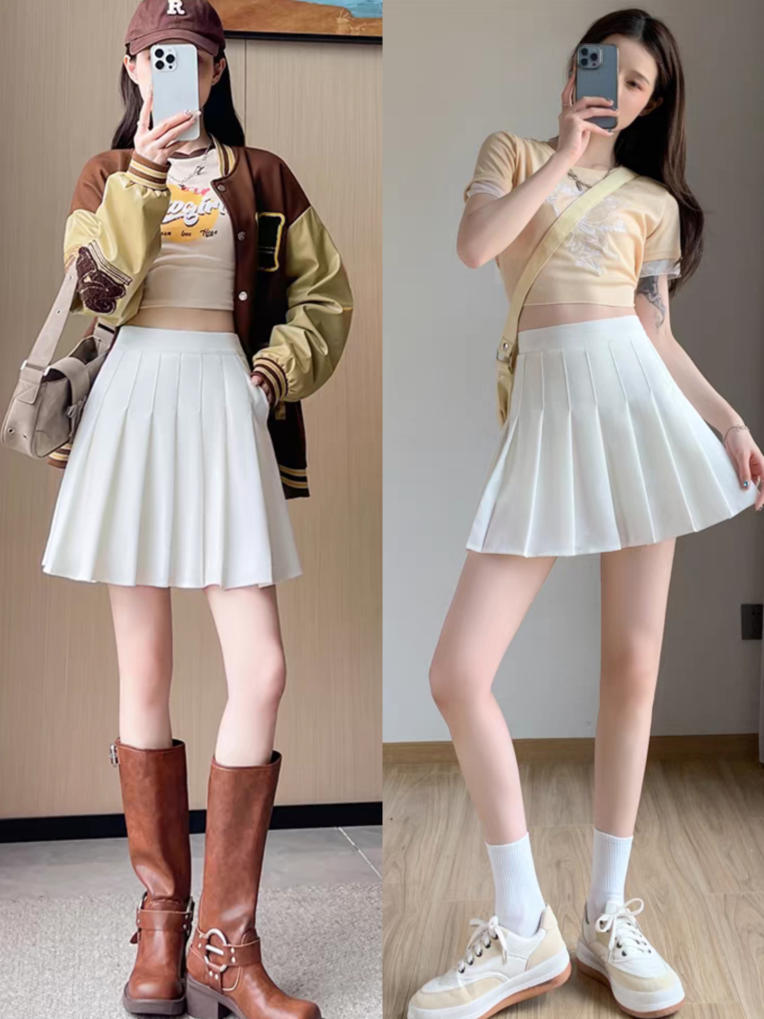 初秋季小个子女生百褶短裙时髦显高穿搭:1,上衣选修身短款,如针织衫