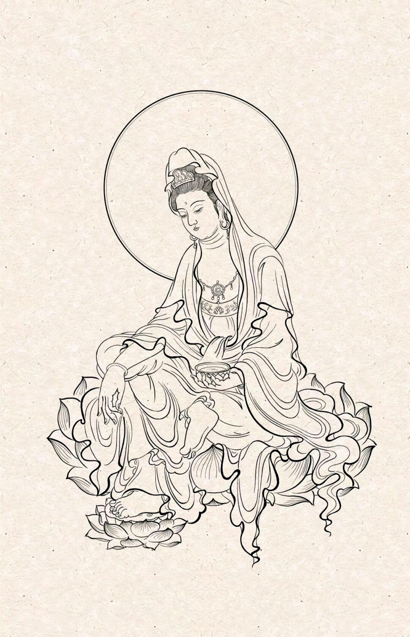 画师"闲人"绘制的一组观音菩萨白描作品,用流畅的线条描绘了仪态万千